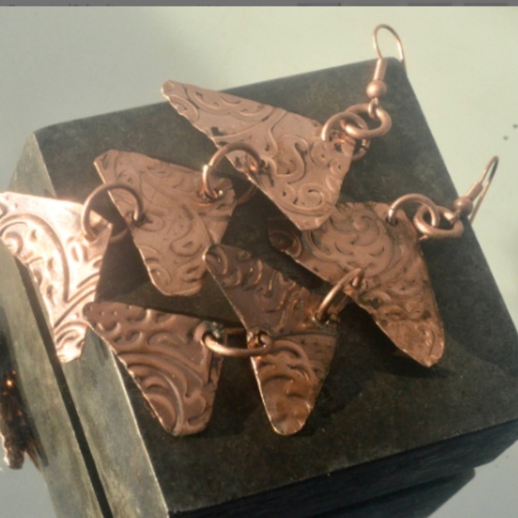 Triangle Geometric Copper Earrings Fish Scales Pattern Handmade Boho Gift Rustic - Picture 5 of 8